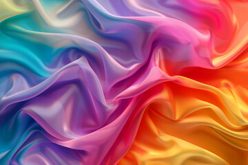 Fototapeta premium 3d render of colorful rainbow satin fabric with wavy folds, background with space for text or design, vibrant colors, silk texture, abstract art, detailed fabric pattern