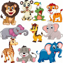 Fototapeta premium The image is a collection of cute, cartoon-style animals. Each animal has a cute, stylized appearance with exaggerated features, making them appear friendly and approachable.