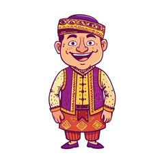 A man in traditional clothes is smiling