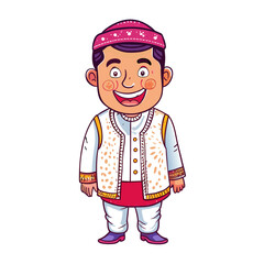 A man in traditional clothes is smiling