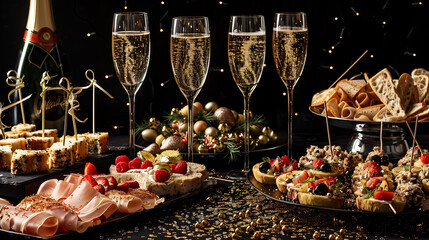 A beautifully arranged New Year's Eve party table with champagne flutes, confetti, and hors d'oeuvres, on a solid black background