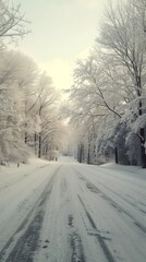 Snow-covered road through a winter forest, tranquil scenery. Winter wonderland and peaceful nature concept