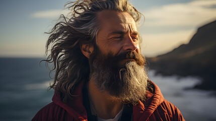 A middle-aged man with gray hair is gently opening his eyes, feeling the healing breeze of the beach. (Photo that can be used for various purposes)