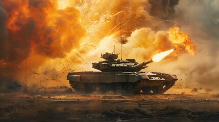 Fototapeta premium Tank In The Heat Of Battle: A lone tank charges through a fiery hellscape, its cannon blazing amidst a scene of intense warfare, a powerful image of modern combat.