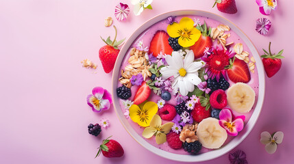 A colorful smoothie bowl filled with a blend of exotic fruits, nuts, and edible flowers, presented with intricate patterns and textures, on a solid pastel background