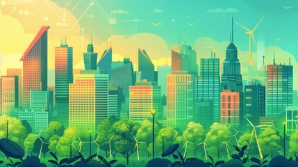 A cityscape powered by various forms of green energy, including solar, wind, and hydropower