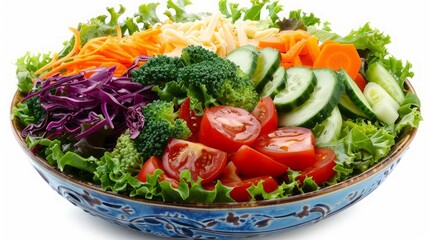 A colorful salad bowl filled with fresh vegetables, leafy greens, and a light vinaigrette, representing a healthy food choice