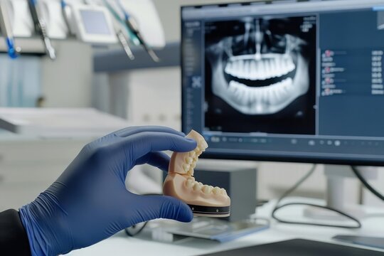 A dentist using a hightech 3D scanner to create precise digital models of patients teeth for custom dental treatments