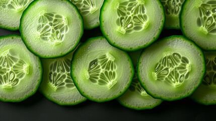 Close-up of fresh cucumber slices in green, healthy eating concept