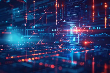 A futuristic digital screen shows a lock, representing the robust protection of digital data and the importance of cybersecurity in network management