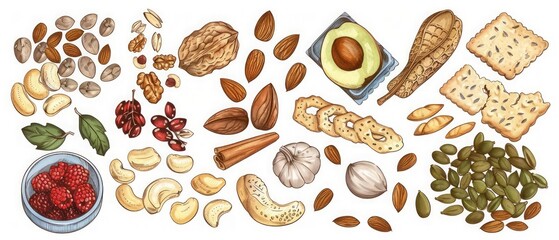 A handdrawn set of healthy snacks, including nuts, seeds, and dried fruits, perfect for a nutritious onthego option