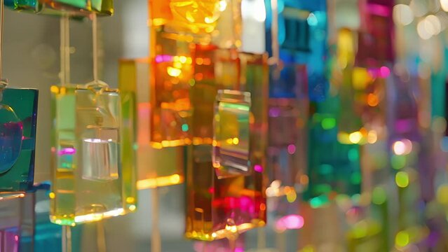 A series of hanging mobiles created from repurposed CD cases and fishing line.