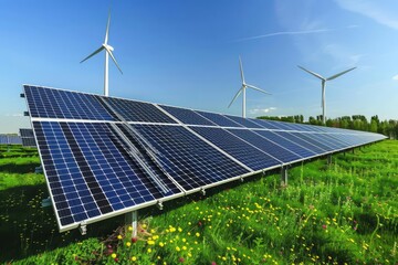 A hybrid renewable energy system combining solar panels and wind turbines in a rural setting