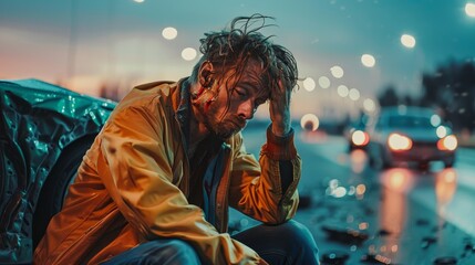 Obraz premium Despondent Man after Car Breakdown at Night