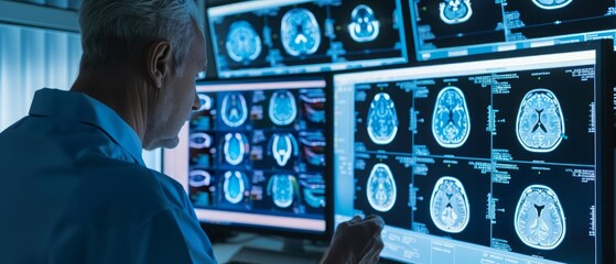A neurologist analyzing detailed brain scans on a highresolution monitor, utilizing cuttingedge imaging technology
