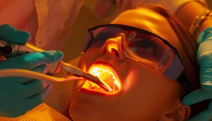 A patient undergoing a painless cavity treatment with a laser dental tool, showcasing advancements in oral health care