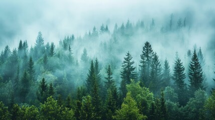 Mystic fog blankets a dark green pine tree forest, creating an eerie and enchanting atmosphere. Ai Generated.