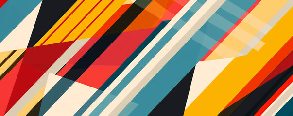 Bold, colorful stripes and shapes intersecting to form a retro, sixties-inspired geometric design.