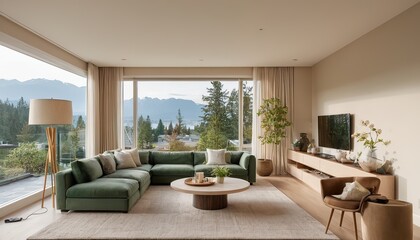 Fototapeta premium Gorgeous living room featuring elegant hardwood flooring in a newly built highend residence