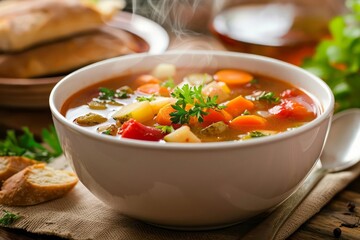 An inviting bowl of vegetable soup garnished with herbs, accompanied by a steaming cup of herbal tea, creates a comforting meal