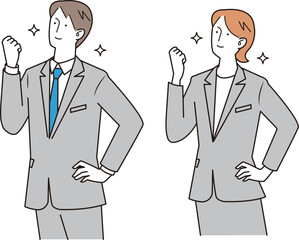 ガッツポーズをするスーツ姿の男女
