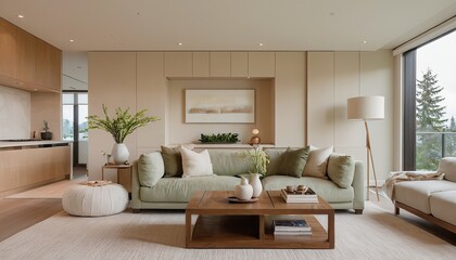 Fototapeta premium Gorgeous living room featuring elegant hardwood flooring in a newly built highend residence