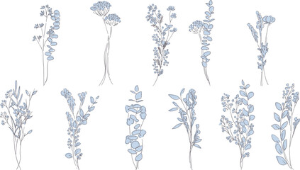 手描きの草木ベクターイラスト。ナチュラルな草木のベクターフレーム。草木の線画イラストセット。Hand drawn vector illustration of plants and trees. Natural grass and trees vector frame. Line drawing illustration set of plants and trees.