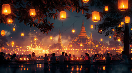 A night of celebration with family and friends gathered together in a Thai atmosphere under a sky lit by lanterns. The cultural depth of the festival.