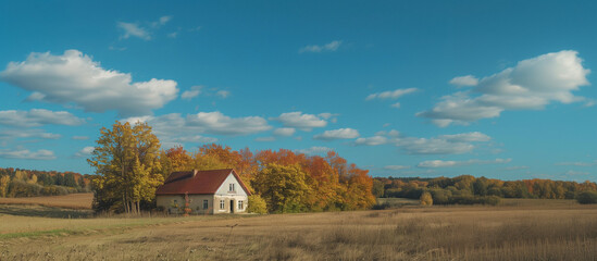 landscape with trees and grass and small house with red roof