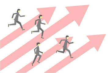 右肩上がりの矢印と走るビジネスウーマン