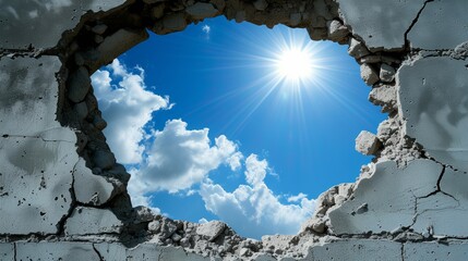 Hole in concrete wall with view of blue sky and sun rays, hope and freedom concept