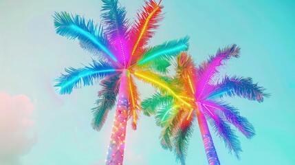 A vibrant and colorful summer display with two palm trees under neon rainbow lights, each frond a different color, against a light blue sky with few clouds, capturing a festive summer vibe.