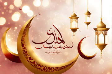 Naklejka premium Eid mubarak, realistic crescent moon and lantern, wish greeting poster,