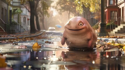 A whimsical animated art image, in a 16_9 ratio, of a chubby, pink salamander-like animal playing in a puddle after the rain.