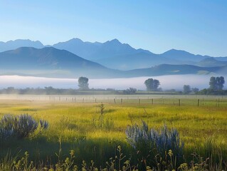 Serene Morning Landscape with Misty Fields and Mountain Range in the Background, Capturing the Tranquility and Beauty of Nature with Lush Greenery, Trees, and a Clear Blue Sky