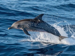 Obraz premium Dolphin leaping out of the ocean, creating a splash in the water, showcasing agility and grace in their natural habitat.