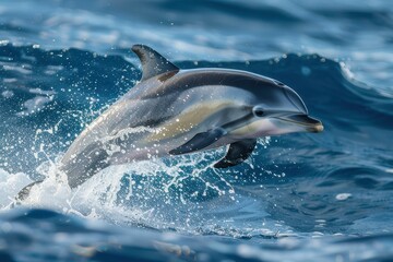 Fototapeta premium A stunning close-up of a dolphin jumping out of the water, creating splashes in the blue ocean with sunlight reflecting on its sleek body.