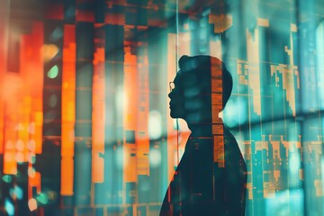 Silhouette of a man standing in front of a colorful abstract background.