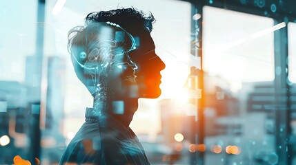 Silhouette of a man with a digital brain overlay, representing artificial intelligence and technology.