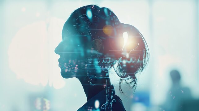 Silhouette of a woman's profile with a digital overlay, representing artificial intelligence and technology.