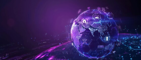 Obraz premium digital globe adorned with icons symbolizing global business activities, set against a dark blue background