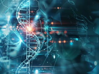 Futuristic Digital DNA Strand with Abstract Technology Background, Representing Genetic Research, Biotechnology, and Scientific Innovation in a High-Tech Environment
