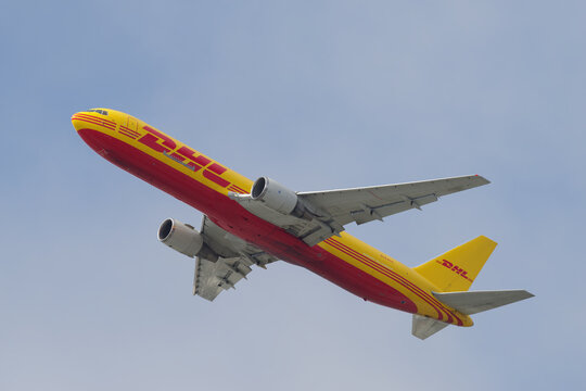 DHL Boeing 767 with registration N763CK operated by ABX Air shown on final approach at LAX, Los Angeles International Airport. Los Angeles, California, United States, May 27, 2024. 