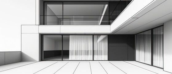 architecture drawing of a building, cement panels and full height aluminum frame windows