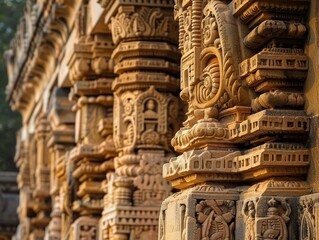 Fototapeta premium Intricate Stone Carvings on Ancient Temple Columns Capturing Detailed Architectural Beauty and Historical Significance
