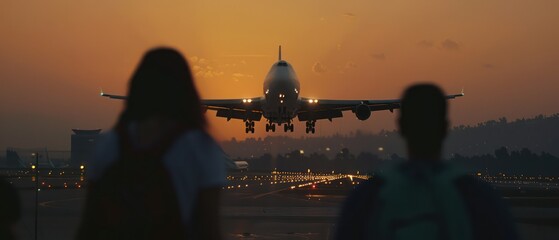 airplane landing at the airport, with its lights on it during sunset