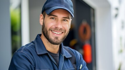 A bright and cheerful portrait of a smiling worker in a cap and uniform, outdoors. The minimalistic design emphasizes professionalism and friendliness.
