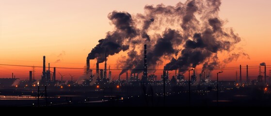 Obraz premium industrial plant at dusk, with the silhouette of tall chimneys and glowing lights against a twilight sky