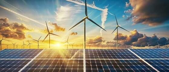 solar panel farm with wind turbines in the background against a blue sky at sunset