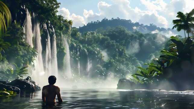Exotic Amazon Rainforest Landscape with Lush Vegetation, Macaws, and Indigenous Peopl